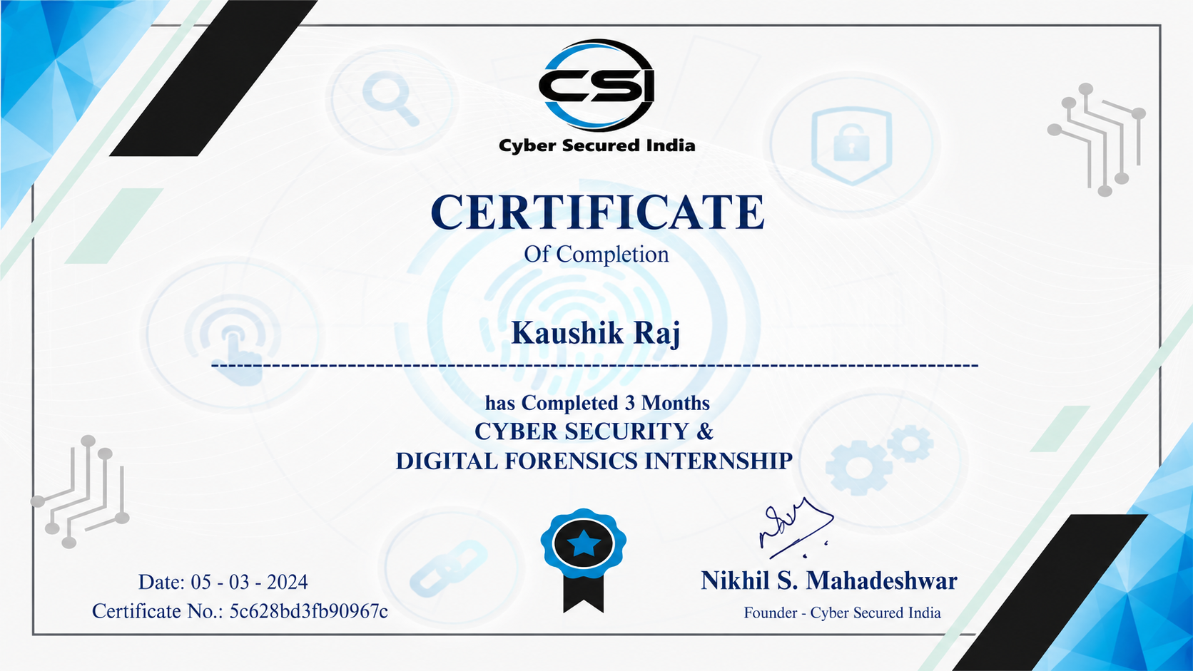 Cyber Security & Digital Forensics Internship Certificate